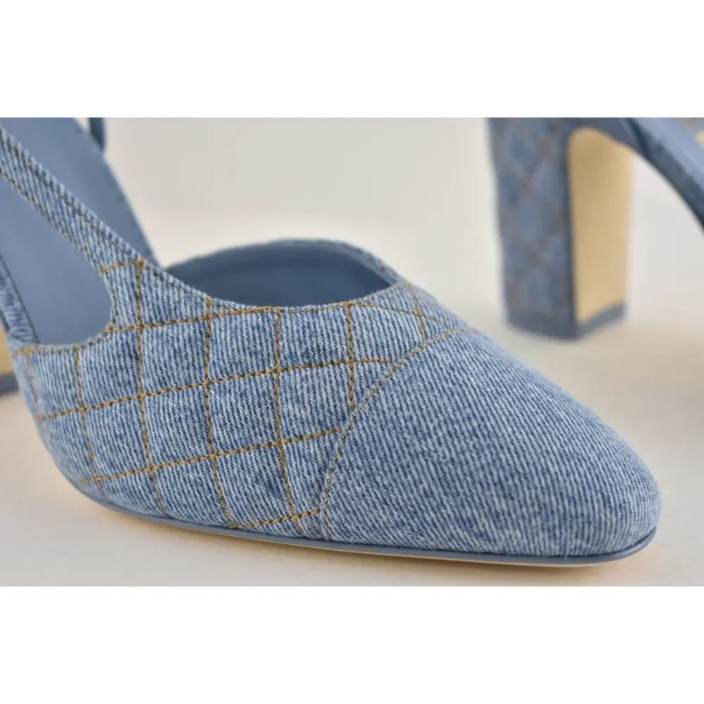 Chanel 26B Light Blue Denim Quilted Coco Sling Slingback Block Heel Pump 39.5c